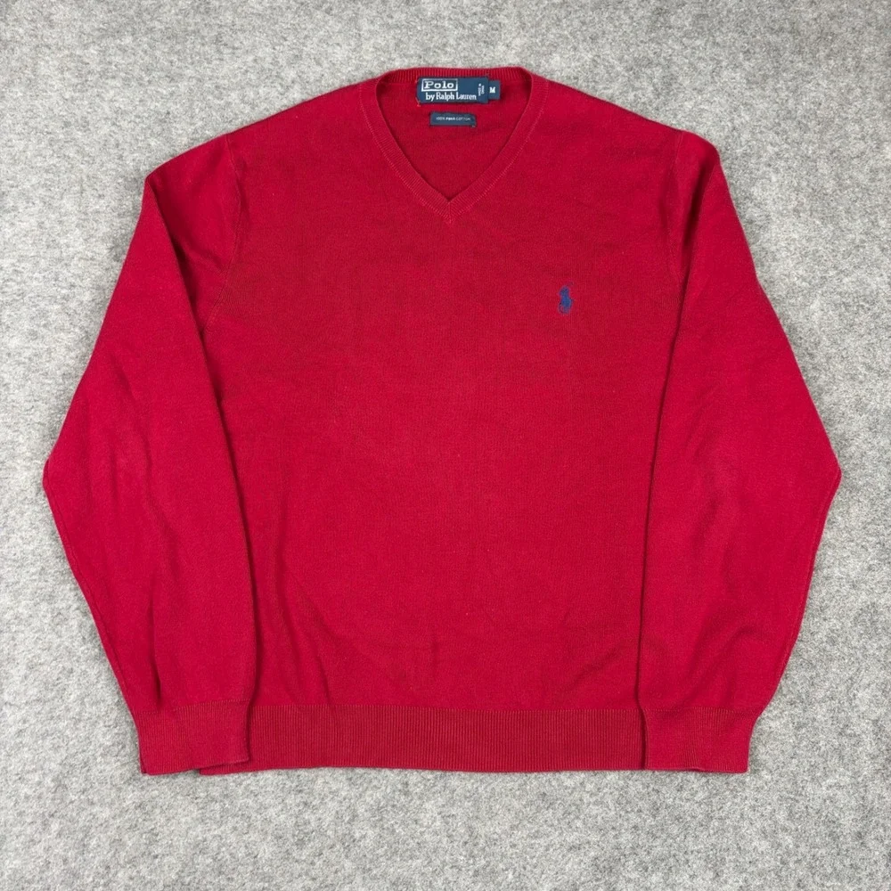 Polo Ralph Lauren V-Neck Sweater Mens Medium Red Pima Cotton Old Money Golf